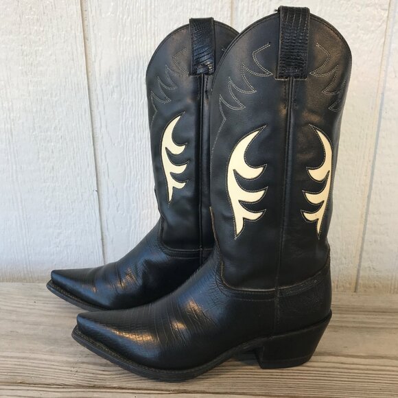Diamond J Lizard Print Womens Black Leather Cowboy Western Boots 7 B 7034L - Picture 2 of 14